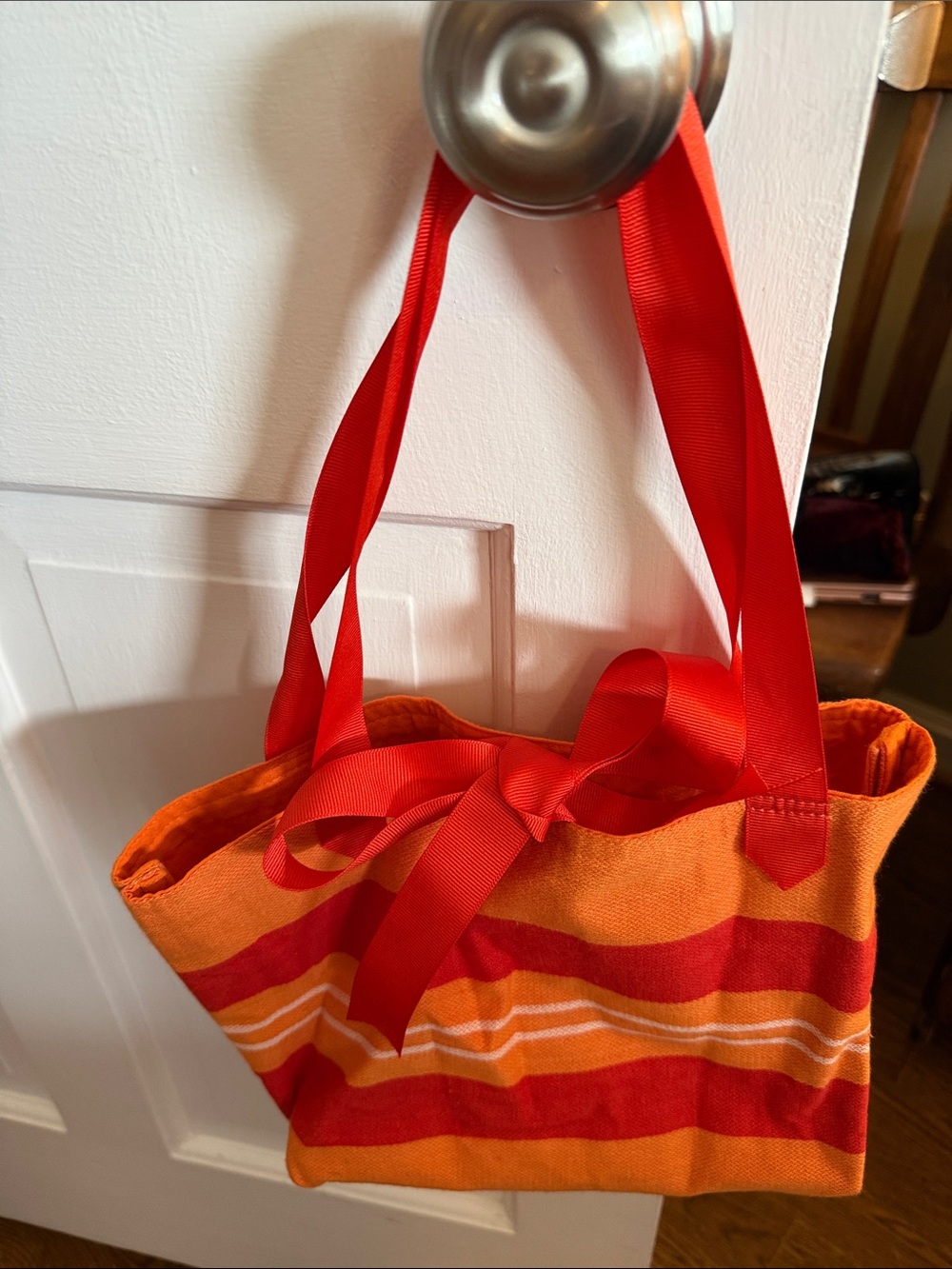 Orange and Red Striped Canvas Tote Bag with Red Ribbon Handles